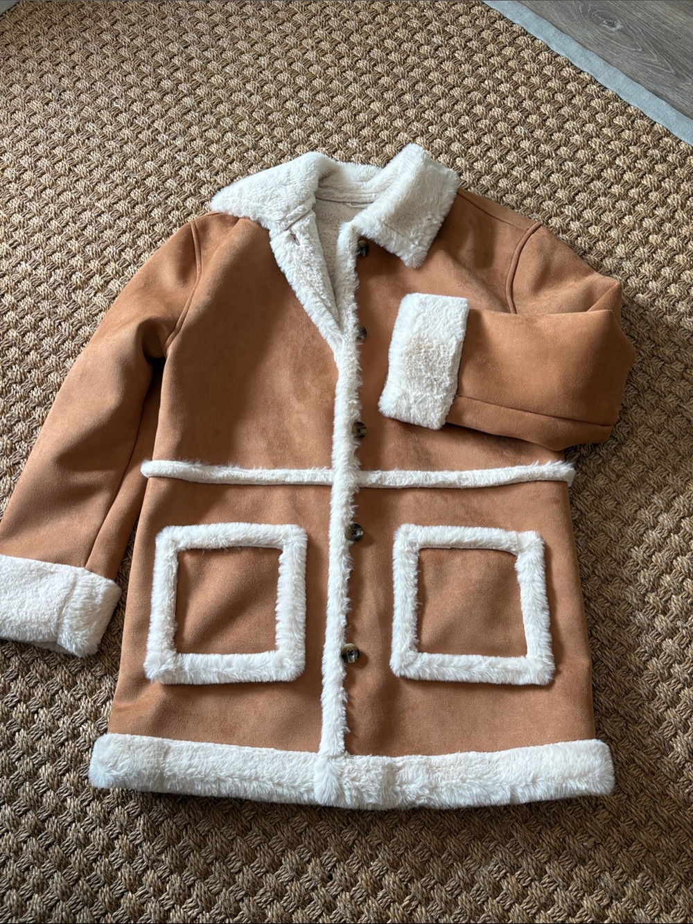 Faux Shearling Trim Coat in Camel